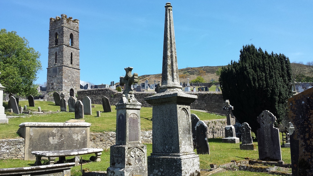 Baltinglass Graveyard view up the hill to the tower