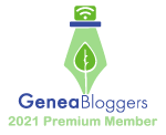 GeneaBloggers Logo of a nib with a leaf centre and a whiff symbol above it